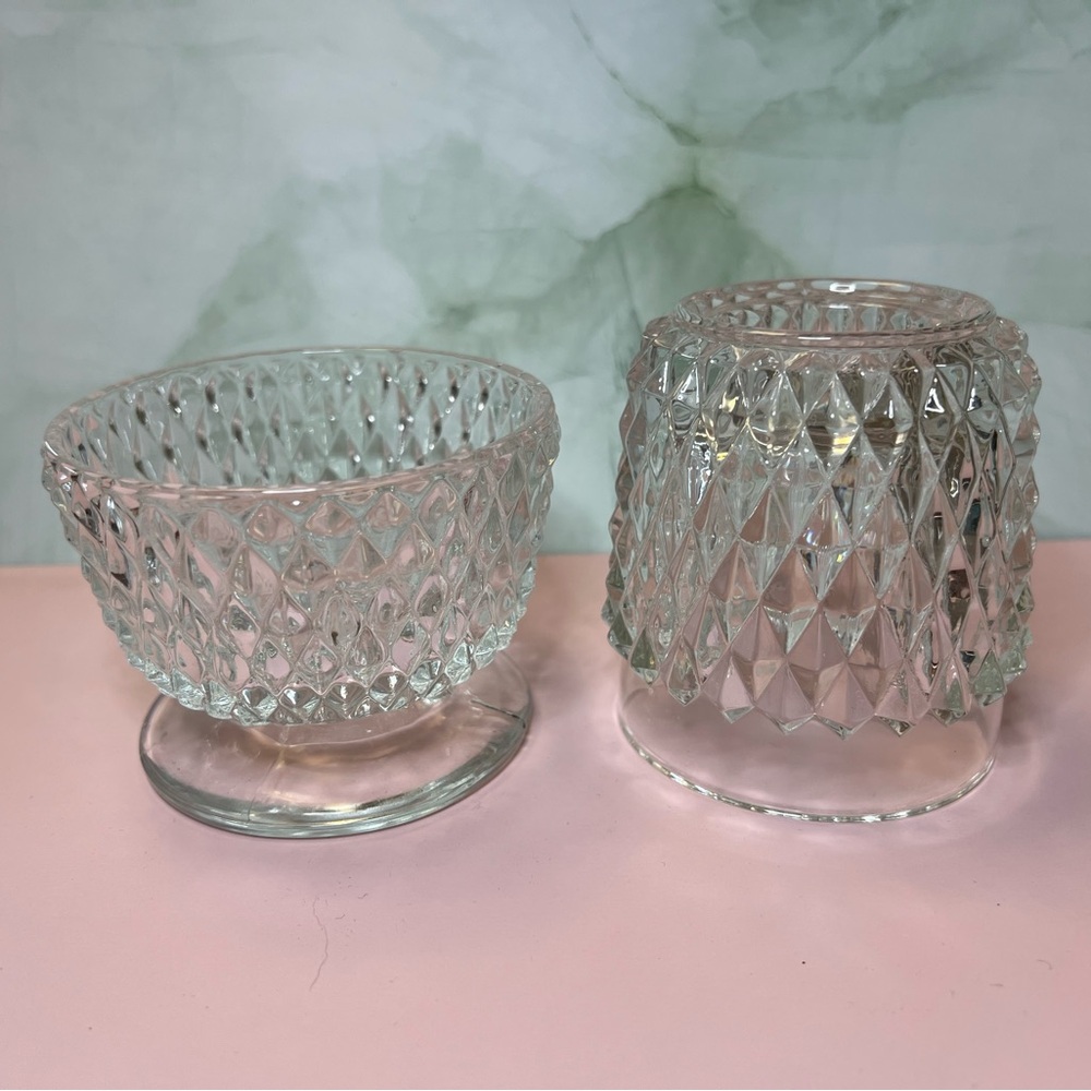 Vintage Indiana Glass Diamond Point Clear Fairy Lamp 2 Pc Candle Votive Holder - Picture 4 of 8